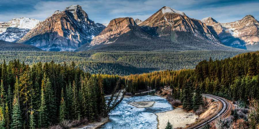 Luxury train travelling through the Canadian Rockies